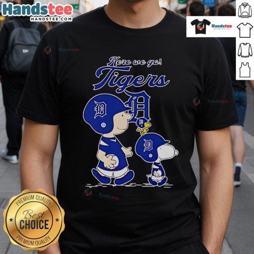 Official Detroit Tigers 'Here We Go' T-Shirt featuring Peanuts Movie design, perfect for fans and casual wear.