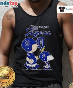 Official Detroit Tigers Here We Go tank top featuring Peanuts Movie design, perfect for baseball fans and summer wear.