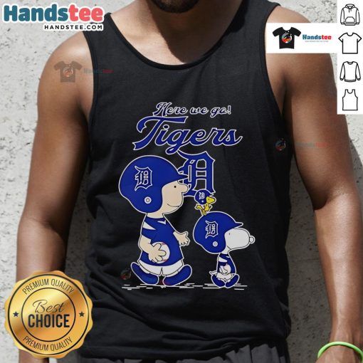 Official Detroit Tigers Here We Go tank top featuring Peanuts Movie design, perfect for baseball fans and summer wear.