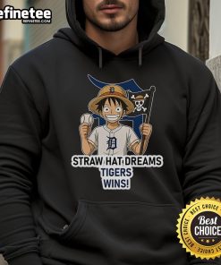 Alt Text: Official Detroit Tigers Monkey D. Luffy Straw Hat Dreams Wins hoodie featuring vibrant team colors and anime design.