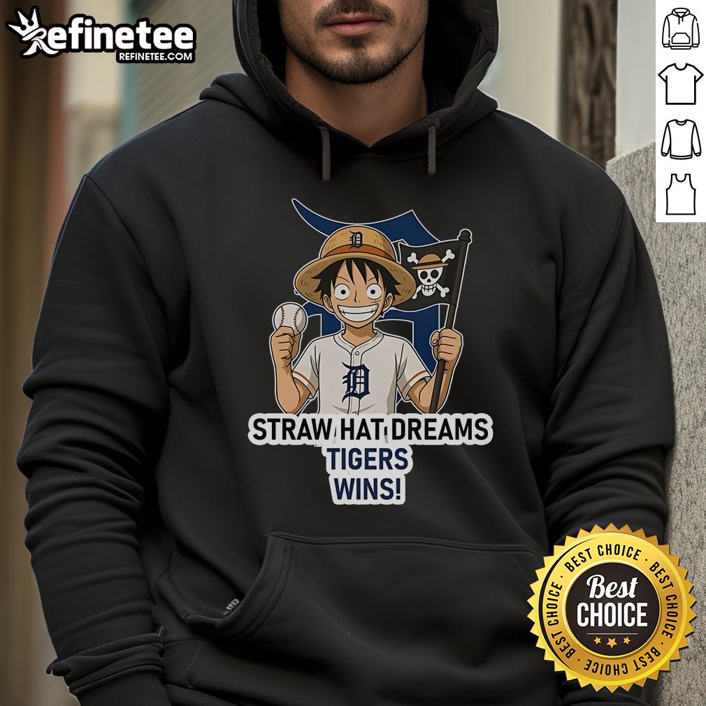 Official Detroit Tigers Monkey D. Luffy Straw Hat Dreams Wins Hoodie Alt Text: Official Detroit Tigers Monkey D. Luffy Straw Hat Dreams Wins hoodie featuring vibrant team colors and anime design.