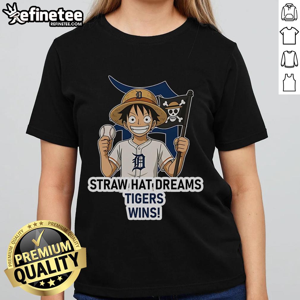 Official Detroit Tigers Monkey D. Luffy Straw Hat Dreams Wins Ladies Tee Alt Text: Official Detroit Tigers Monkey D. Luffy Straw Hat Dreams Wins ladies tee featuring vibrant graphics and team colors.
