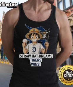 Alt Text: Official Detroit Tigers Monkey D. Luffy Straw Hat Dreams Wins Tank Top featuring vibrant graphics and team logo.