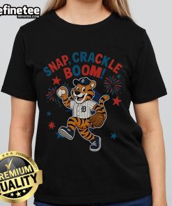 Official Detroit Tigers Snap Crackle Boom Power of Champions Independence Day ladies tee in vibrant red and blue.