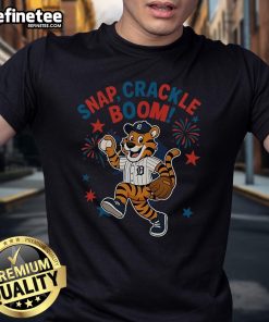 Official Detroit Tigers Snap Crackle Boom Power Of Champions Independence Day T-Shirt showcasing patriotic design in team colors.