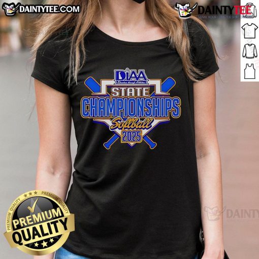 '2025 Official DIAA State Softball Championships logo on a ladies tee, showcasing vibrant colors and sporty design.'