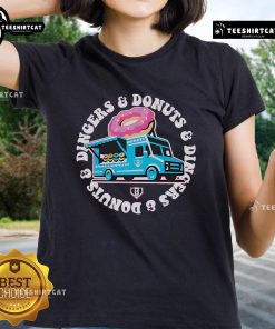Official Donut Truck Dingers and Donuts ladies tee featuring a colorful graphic design, perfect for donut lovers.