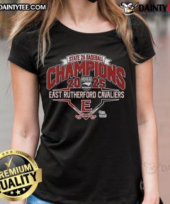 Alt Text: Official East Rutherford Cavaliers 2025 NCHSAA 2A Baseball Champions Ladies Tee, celebrating team victory in stylish apparel.