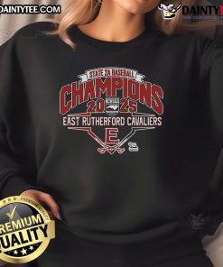Alt Text: Official East Rutherford Cavaliers 2025 NCHSAA 2A Baseball Champions Sweatshirt, showcasing team pride and victory.