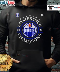 Alt Text: Official Edmonton Oilers 2025 Western Conference Champions locker room hoodie showcasing team logo and championship pride.