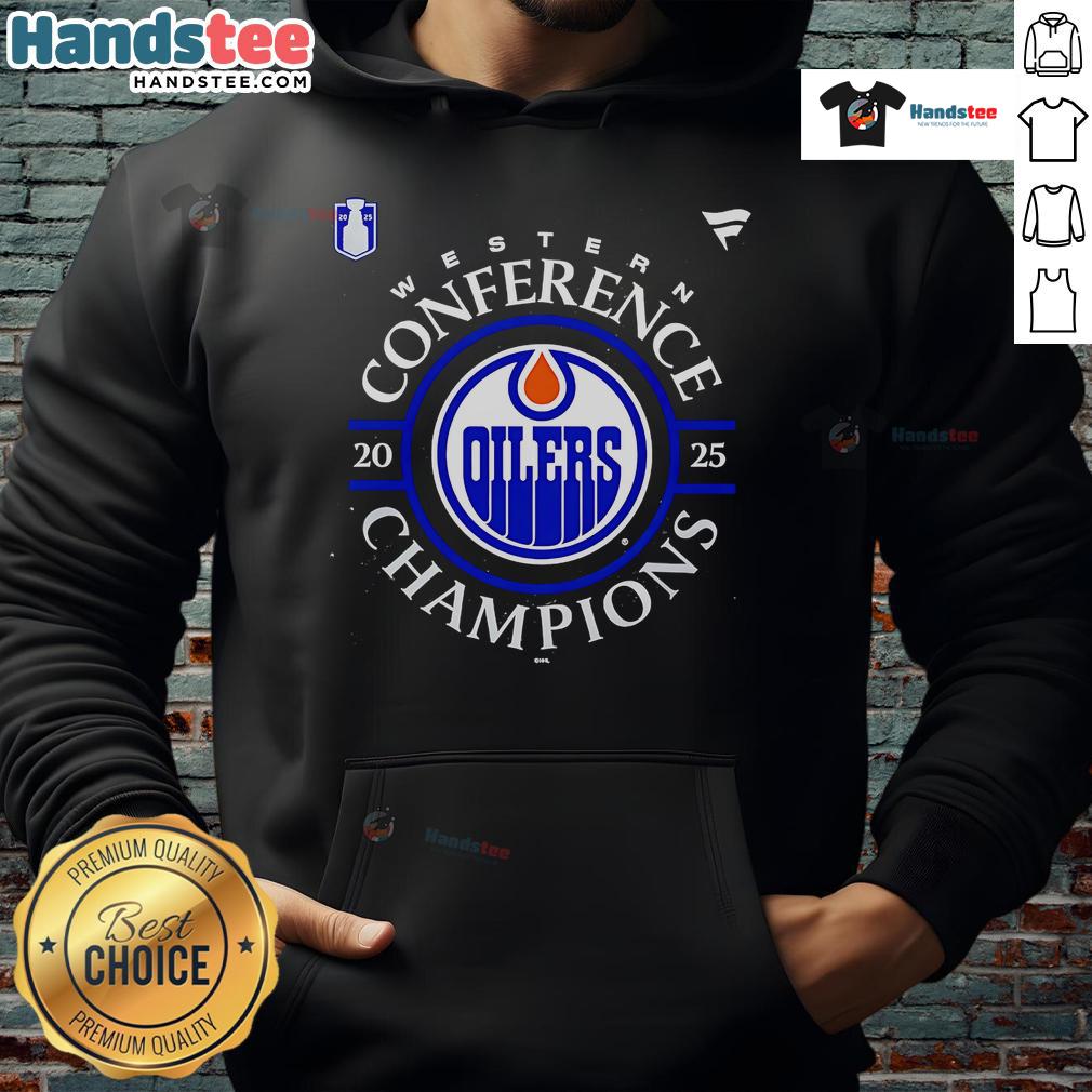 Official Edmonton Oilers 2025 Western Conference Champions Locker Room Hoodie Alt Text: Official Edmonton Oilers 2025 Western Conference Champions locker room hoodie showcasing team logo and championship pride.