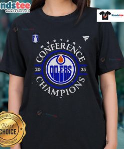 Official Edmonton Oilers 2025 Western Conference Champions locker room ladies tee in vibrant team colors.