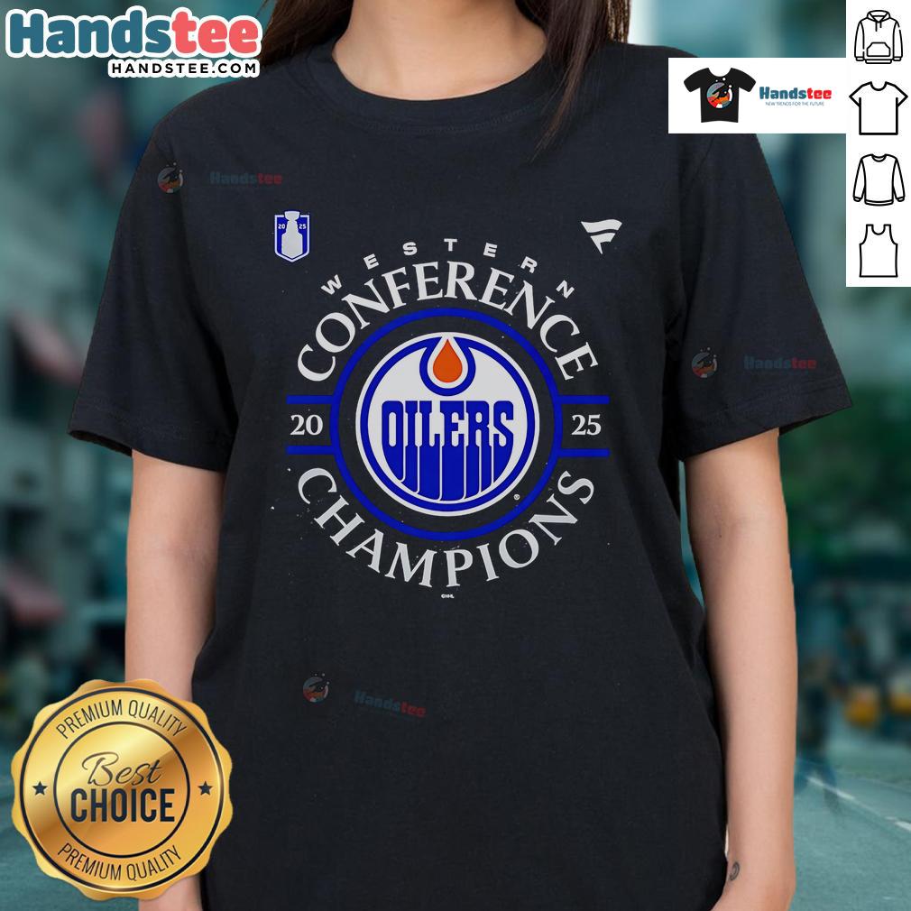 Official Edmonton Oilers 2025 Western Conference Champions Locker Room Ladies-Tee Official Edmonton Oilers 2025 Western Conference Champions locker room ladies tee in vibrant team colors.