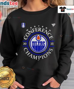 Alt Text: Official Edmonton Oilers 2025 Western Conference Champions locker room sweatshirt displayed on a hanger.