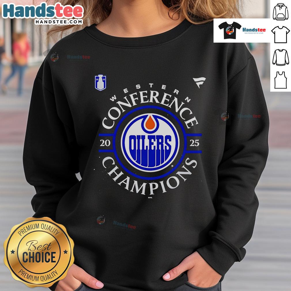 Official Edmonton Oilers 2025 Western Conference Champions Locker Room Sweatshirt Alt Text: Official Edmonton Oilers 2025 Western Conference Champions locker room sweatshirt displayed on a hanger.