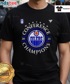 Official Edmonton Oilers 2025 Western Conference Champions Locker Room T-Shirt featuring team logo and championship design.