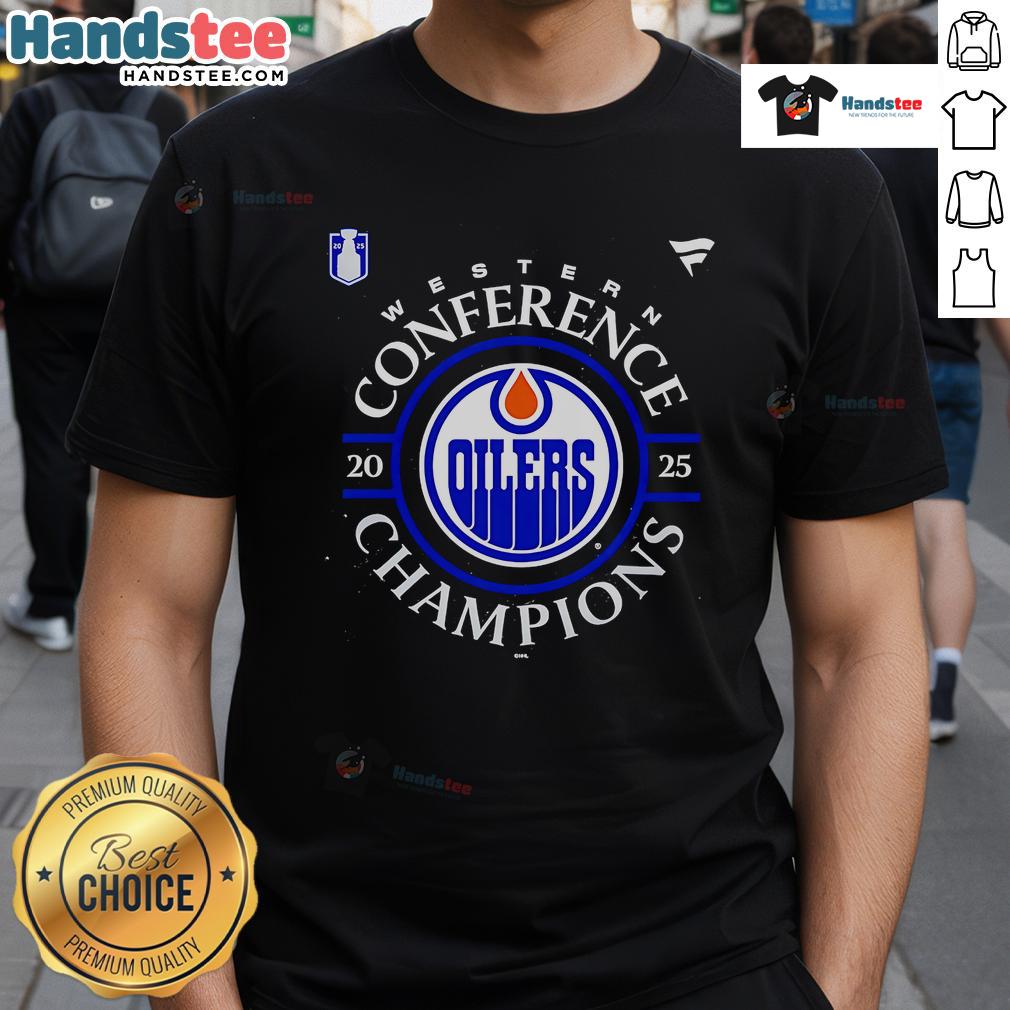 Official Edmonton Oilers 2025 Western Conference Champions Locker Room T Shirt Official Edmonton Oilers 2025 Western Conference Champions Locker Room T-Shirt featuring team logo and championship design.