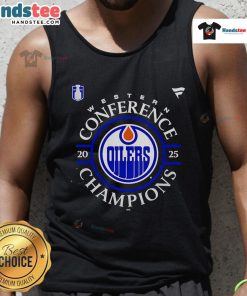 Official Edmonton Oilers 2025 Western Conference Champions locker room tank top design showcasing team pride and spirit.
