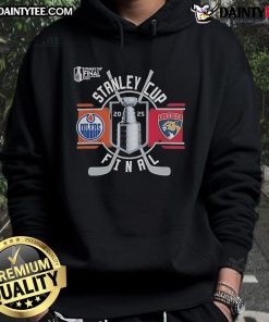 Official Edmonton Oilers vs Florida Panthers 2025 Stanley Cup Final Match-Up Hoodie featuring team logos and vibrant colors.