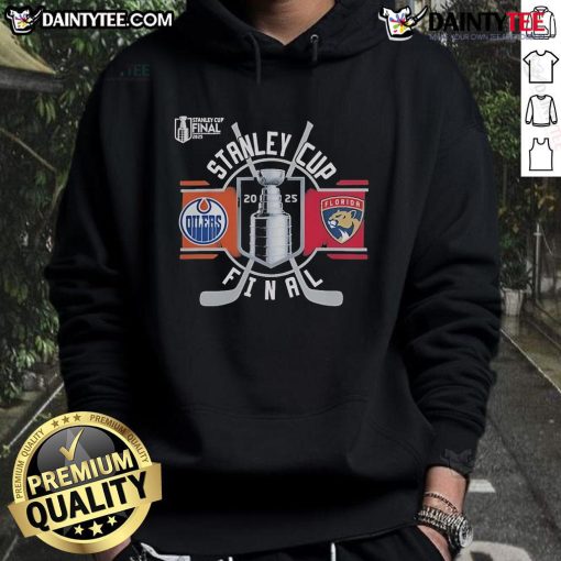 Official Edmonton Oilers vs Florida Panthers 2025 Stanley Cup Final Match-Up Hoodie featuring team logos and vibrant colors.