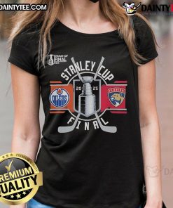 Official Edmonton Oilers vs Florida Panthers 2025 Stanley Cup Final Match-Up Ladies Tee, showcasing team logos and vibrant design.