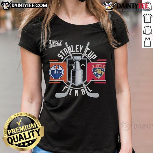 Official Edmonton Oilers vs Florida Panthers 2025 Stanley Cup Final Match-Up Ladies Tee, showcasing team logos and vibrant design.