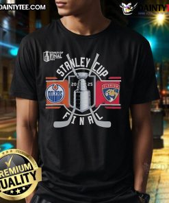 Official Edmonton Oilers vs Florida Panthers 2025 Stanley Cup Final T-Shirt featuring team logos and vibrant graphics.