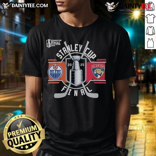 Official Edmonton Oilers vs Florida Panthers 2025 Stanley Cup Final T-Shirt featuring team logos and vibrant graphics.