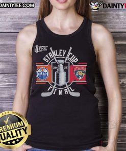 Official Edmonton Oilers vs Florida Panthers 2025 Stanley Cup Final match-up tank top featuring team logos and vibrant colors.