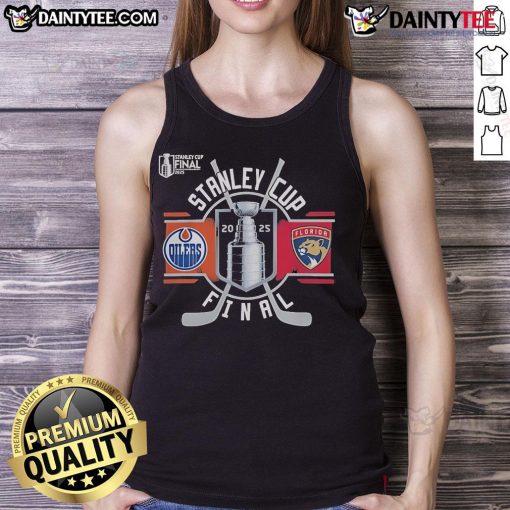 Official Edmonton Oilers vs Florida Panthers 2025 Stanley Cup Final match-up tank top featuring team logos and vibrant colors.