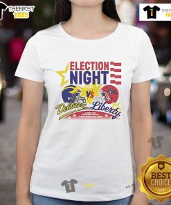 2025 Official Election Night Ladies Tee featuring Delaware Fightin' Blue Hens vs Liberty Flames design.
