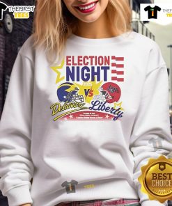 Delaware Fightin' Blue Hens vs Liberty Flames 2025 official election night sweatshirt featuring team logos and vibrant design.