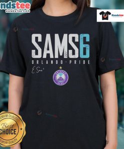Official Emily Sams Orlando Pride Elite 6 Ladies Tee featuring vibrant colors and a stylish design for fans.