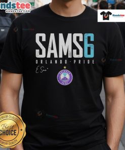 Official Emily Sams Orlando Pride Elite 6 T-Shirt featuring vibrant colors and team logo, perfect for fans.