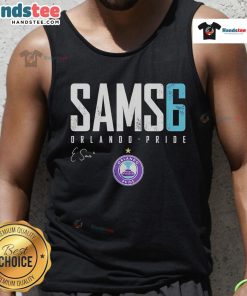 Official Emily Sams Orlando Pride Elite 6 tank top featuring vibrant colors and a stylish design for pride celebrations.