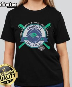 Official Endicott College NCAA Division III Baseball Championship 2025 Ladies Tee from Eastlake, OH, featuring team logo.