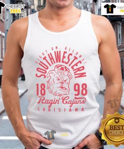 Official Fight On Allons Southwestern Louisiana Ragin Cajuns 1898 Tank Top featuring vibrant team colors and logo.