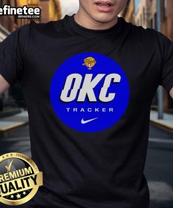 Alt Text: Official Finals OKC Tracker logo T-shirt featuring a bold design, perfect for fans of the Oklahoma City basketball team.