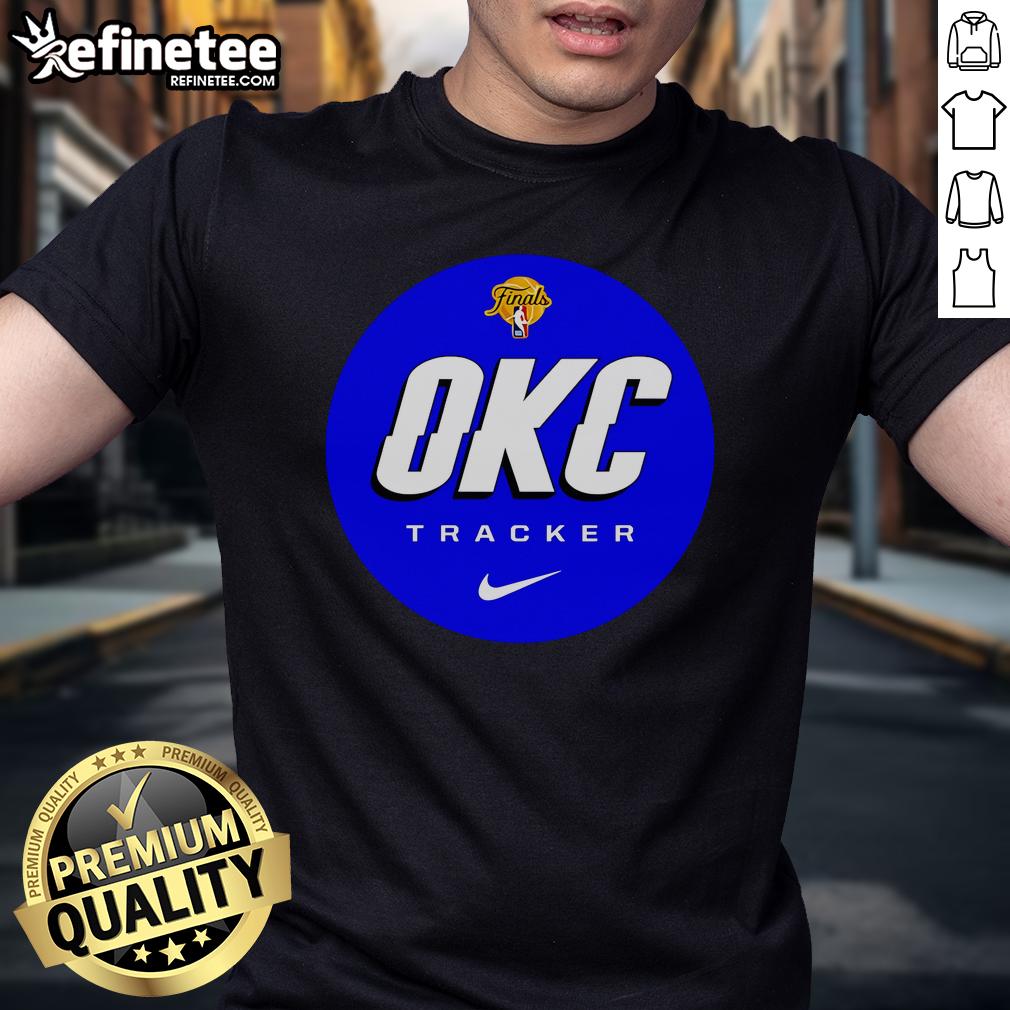 Official Finals Okc Tracker Logo T Shirt Alt Text: Official Finals OKC Tracker logo T-shirt featuring a bold design, perfect for fans of the Oklahoma City basketball team.