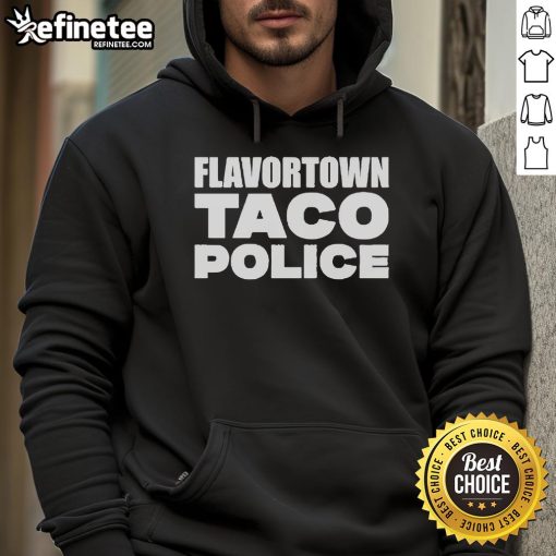 Alt Text: Guy Fieri wearing an Official Flavortown Taco hoodie, showcasing vibrant colors and a fun food-themed design.