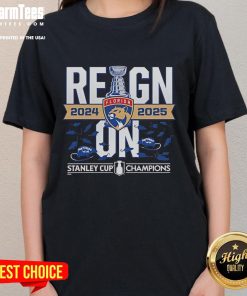 Official Florida Panthers 2024-2025 Back-to-Back Stanley Cup Champions reign on stylish ladies' tee design.