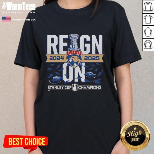 Official Florida Panthers 2024-2025 Back-to-Back Stanley Cup Champions reign on stylish ladies' tee design.