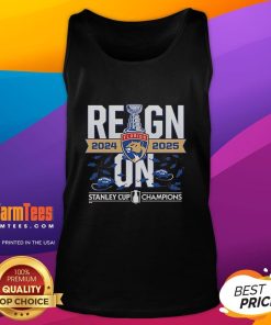 Official Florida Panthers 2024-2025 Back To Back Stanley Cup Champions reign on tank top design featuring team colors.