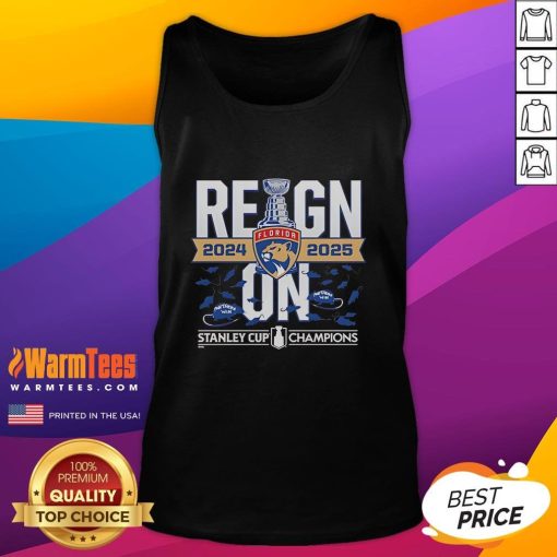 Official Florida Panthers 2024-2025 Back To Back Stanley Cup Champions reign on tank top design featuring team colors.