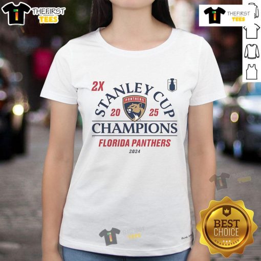 Alt Text: Official Florida Panthers 2024-2025 Back-to-Back Stanley Cup Champions Ladies Tee showcasing team pride.