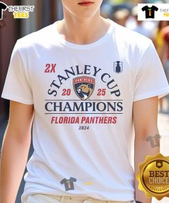 Official Florida Panthers 2024-2025 Back-To-Back Stanley Cup Champions Top Line T-Shirt featuring team logo and vibrant design.