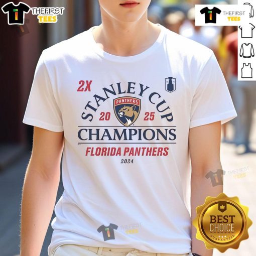 Official Florida Panthers 2024-2025 Back-To-Back Stanley Cup Champions Top Line T-Shirt featuring team logo and vibrant design.