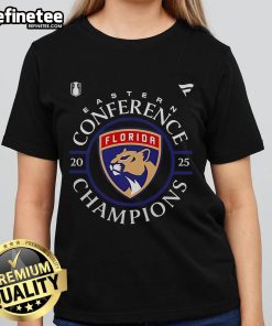 Official Florida Panthers 2025 Eastern Conference Champions locker room ladies tee showcasing team pride and style.