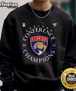 Alt Text: Official Florida Panthers 2025 Eastern Conference Champions locker room sweatshirt in team colors and logo.