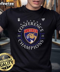 Alt Text: Official Florida Panthers 2025 Eastern Conference Champions Locker Room T-Shirt showcasing team pride and celebration.